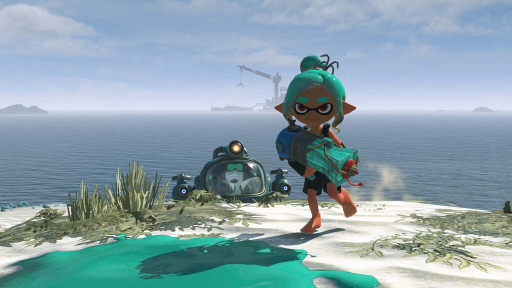 Une Inkling aux cheveux turquoise court sur une plage d’île
