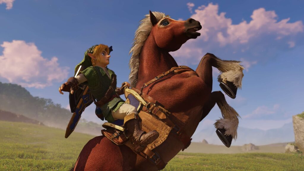 Link enfant sur Epona cabrée dans la plaine d’Hyrule