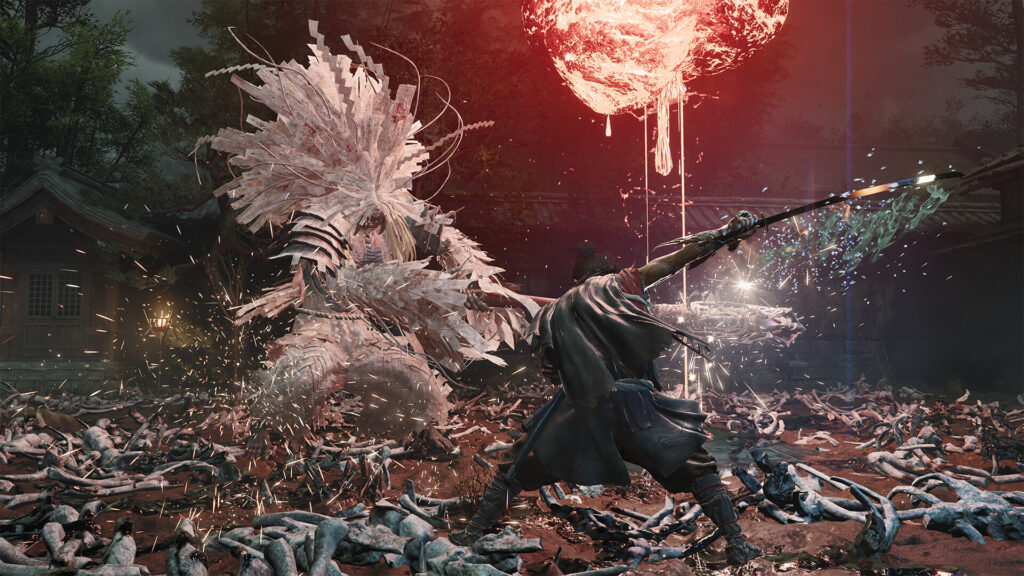 Musashi attaque un boss Genma blanc couvert de plumes sous une sphère rouge sang