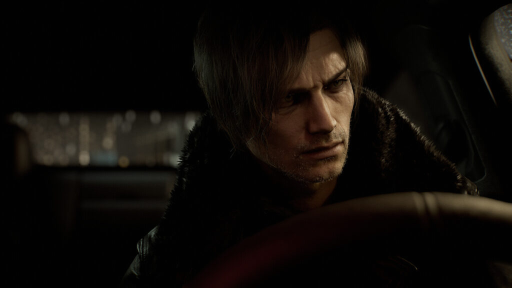 Leon S. Kennedy, en blouson à col de fourrure, au volant de nuit