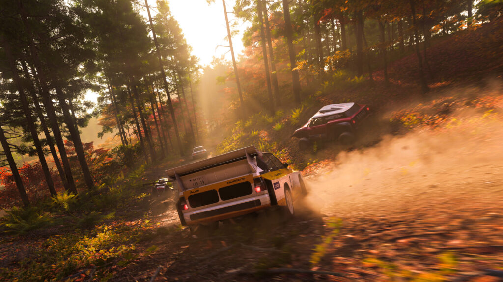 Des voitures de rallye soulèvent la poussière sur une piste forestière aux couleurs d’automne