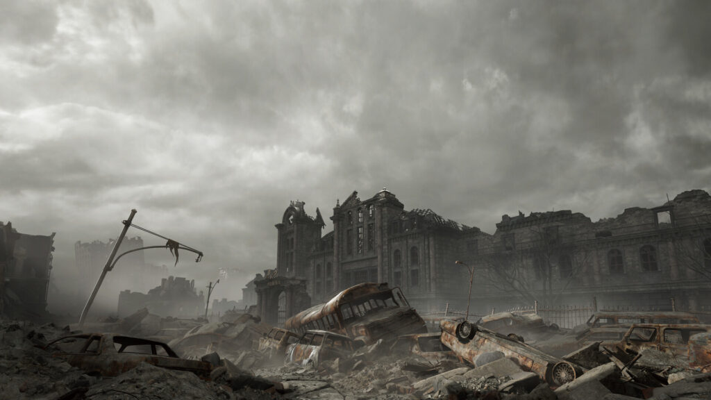 Une ville en ruines sous un ciel d’orage, voitures détruites et bâtiment éventré